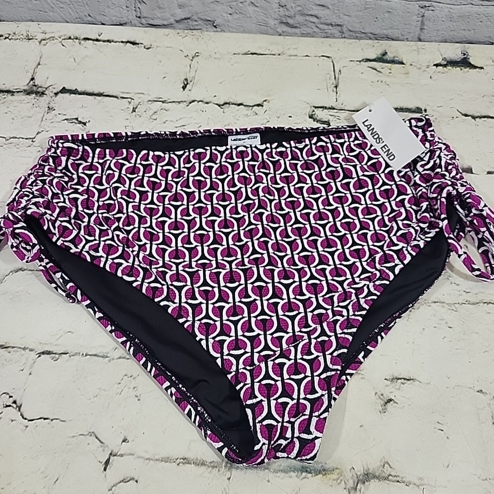 Lands End Bikini Bottoms Womens Sz XL High-Waisted Tie Side Purple Geo Print New